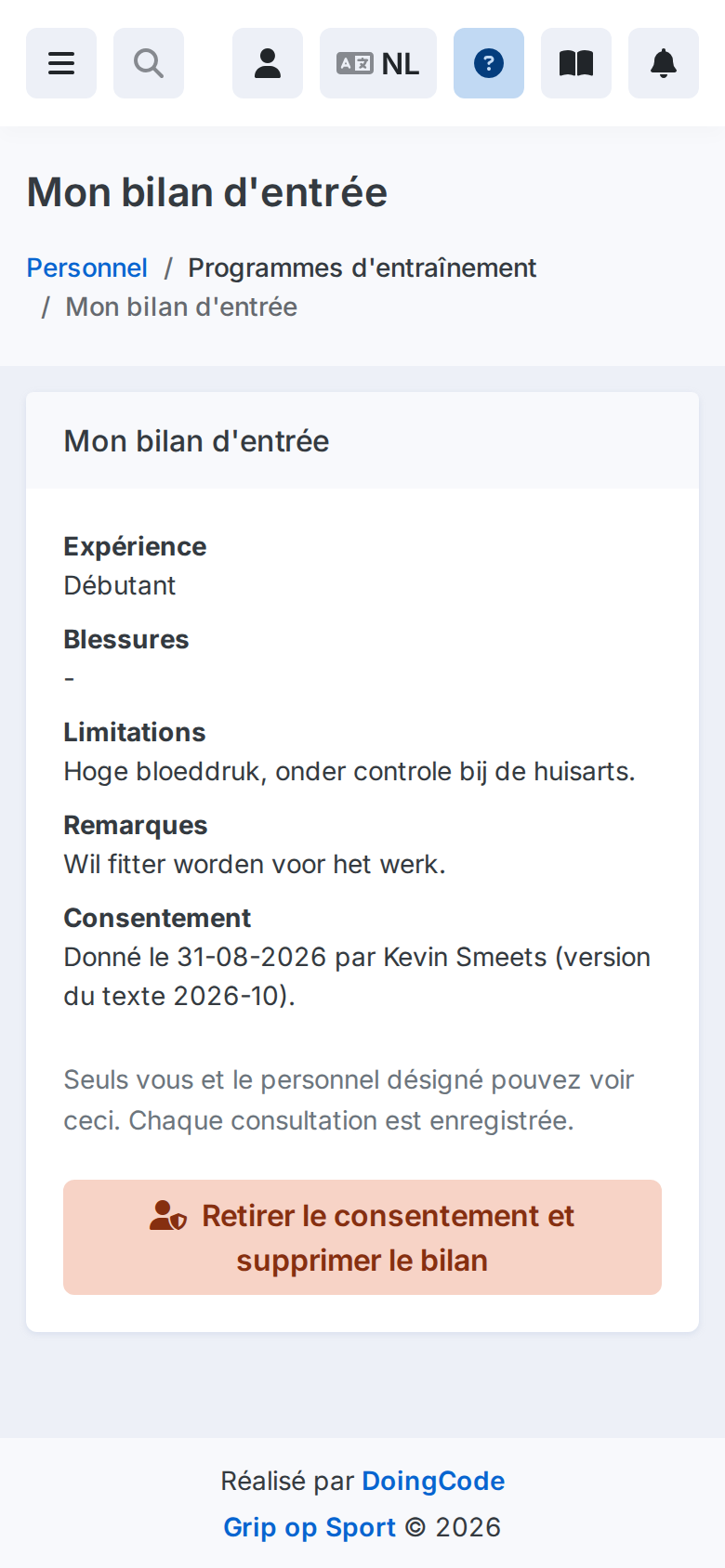 De eigen intake van een lid op een telefoon
