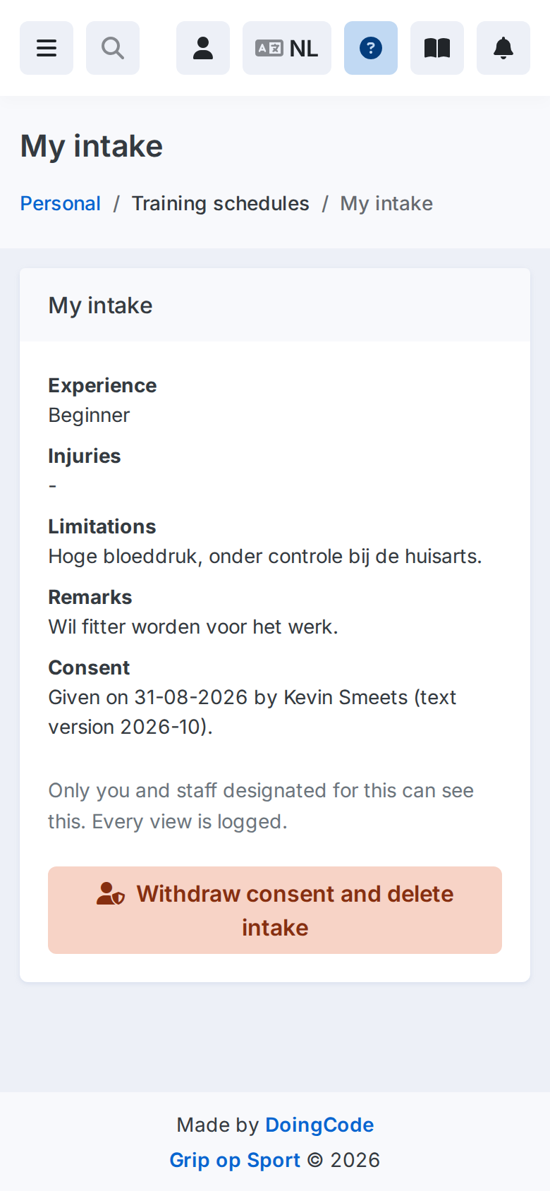 De eigen intake van een lid op een telefoon