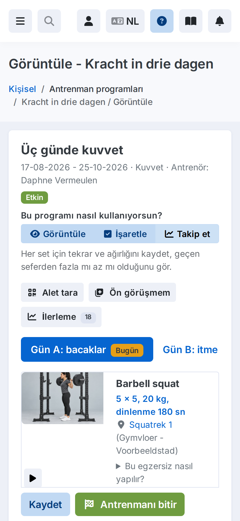 Het trainingsschema van een lid op een telefoon