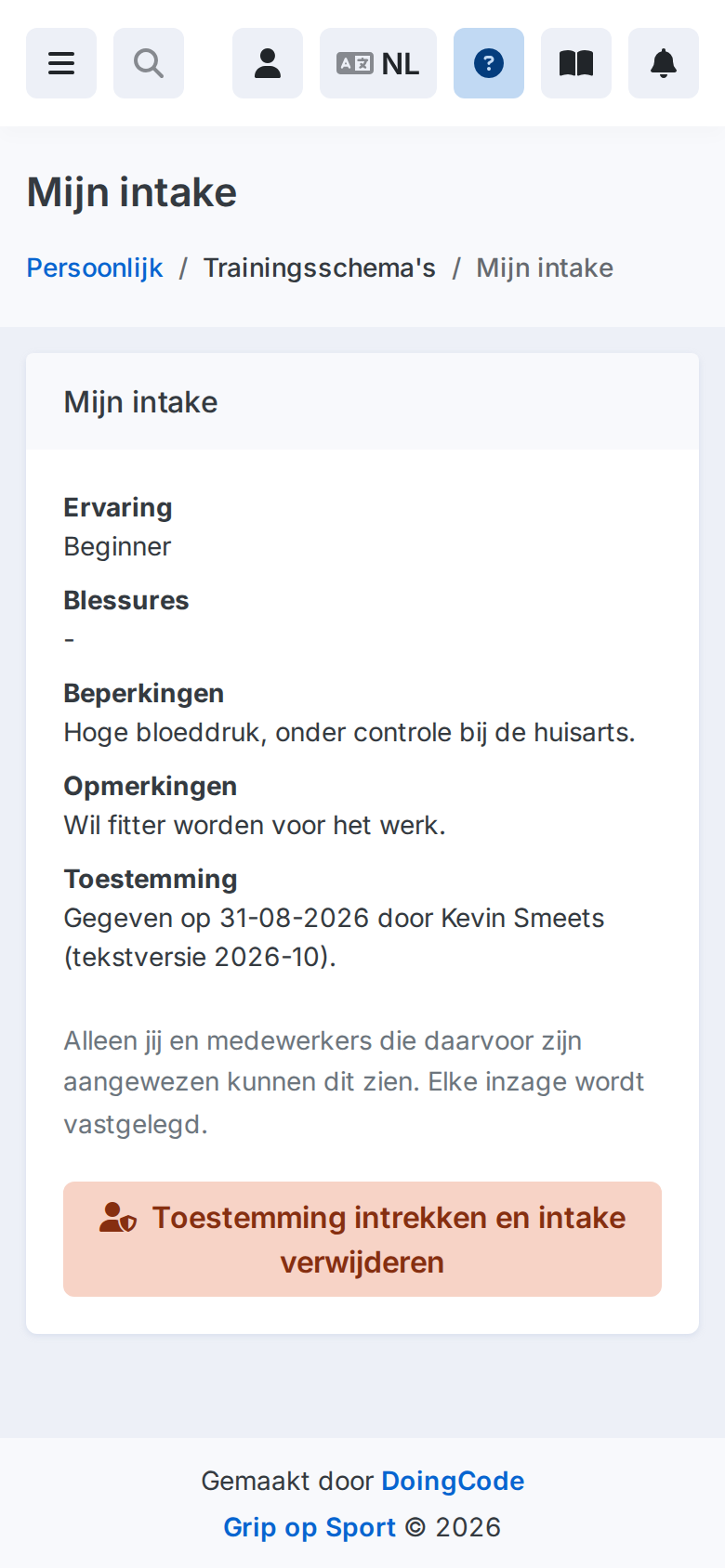 De eigen intake van een lid op een telefoon