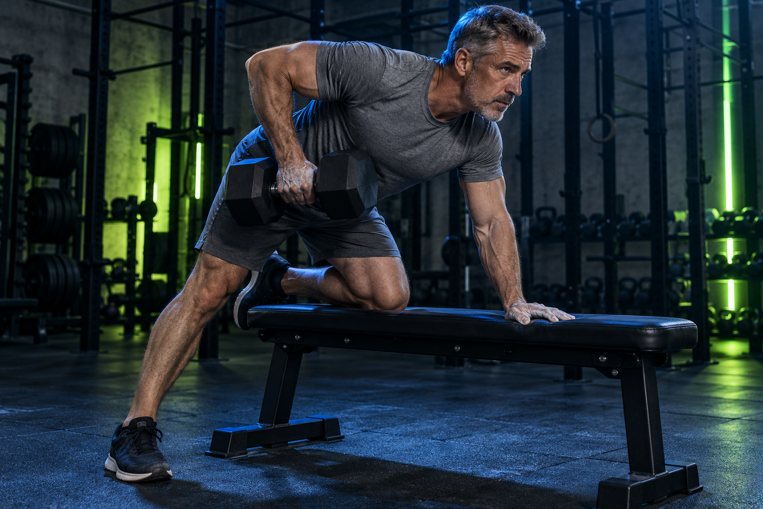 Een sporter doet een oefening met een dumbbell op een bank
